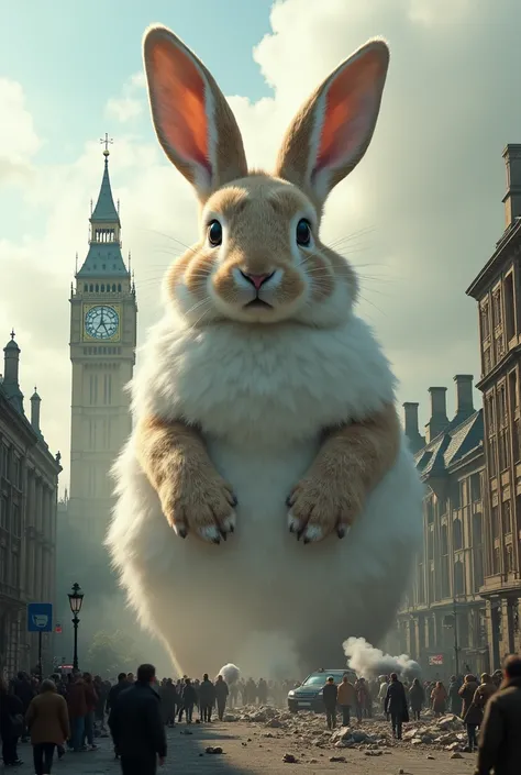 

`A gigantic, fluffy, light brown and white rabbit stands in a city square amidst chaos.  People are running and scattering in fear.  Buildings are damaged and crumbling.  The Big Ben clock tower is visible in the background.  The style is photorealistic,...