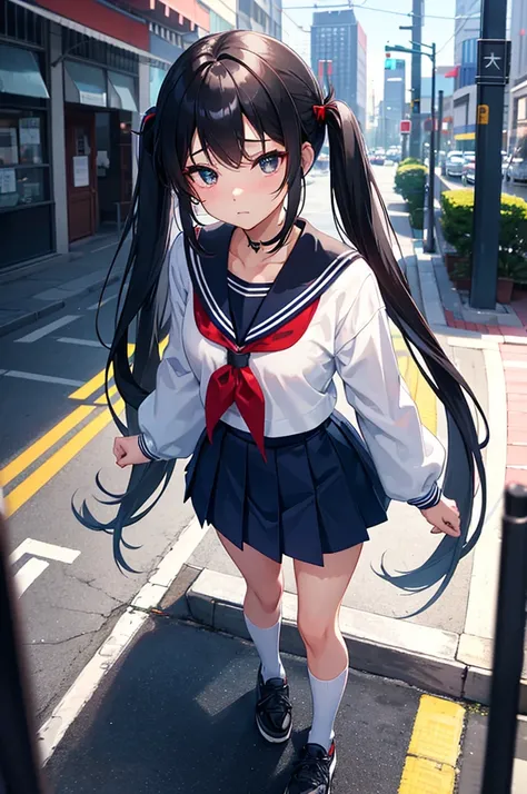 a solo cute boy ,sexy boy ,trap ,long twintail hair ,wearing a japan sailor high-school uniform with a blue skirt ,black stockings ,wearing a white sneaker ,black eye ,eye makeup ,shy ,embrassed ,red face, small breast ,standing on platform on the street i...