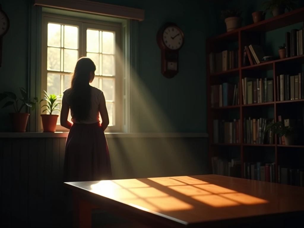 The image depicts a charming scene in a dark dimly lit room. Sunlight filters through a window on the left side, casting a beautiful pattern of light and shadow on a wooden table in the foreground. in background a bengali women stnading by front of window....