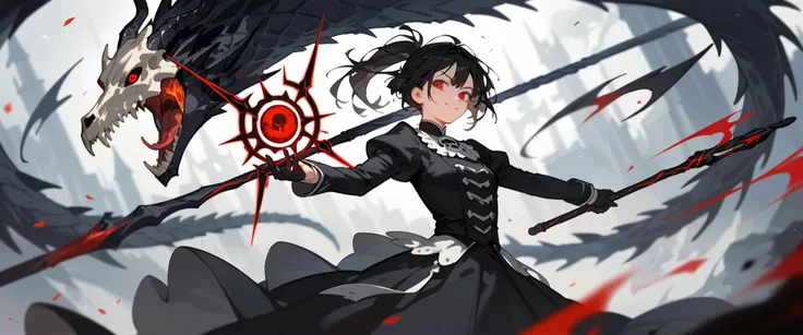 girl, black hair, thin hair, slightly white, in red eyes , pretty short hair , long ponytail , Evil, Black Dress with Long Sleeves Closure, Chestnut-sized, Black long-sleeved shirt , put on black gloves, with a slight smile, Staff , Cast Black Beam Spell,B...