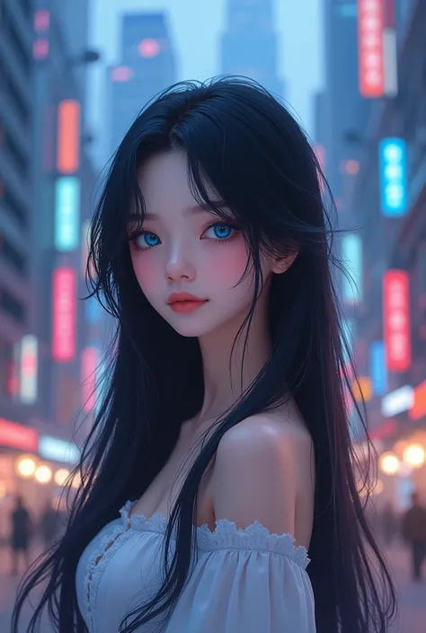 South Korean girl, young, beautiful, white skin,  blue eyes ,  long hair ,  black cabello, In the city