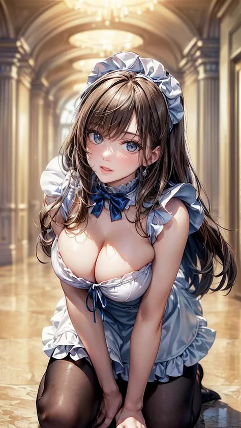 (( top quality, 8k, masterpiece:1.3)), (Sharp focus :1.2,  A beautiful woman with a perfect figure  :1.4), ((Big Breasts,  accentuates cleavage:1.3)), (Photo realistic :1.4), ( realistic :1.4), ( long hair, Tying up hair,  light brown hair :1.5),  highly d...