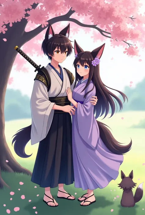  Create a picture of a big good-looking demi boy and a demi girl in anime style , the boy has short black hair with wolf ears and brown eyes and wears white and black Japanese clothes and a katana on her back. Next to her is a girl with long dark brown hai...