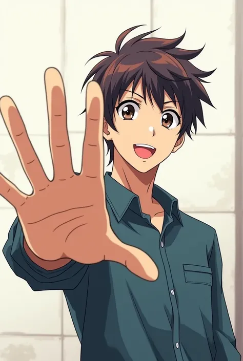 A man say five with his hand. Anime pic
