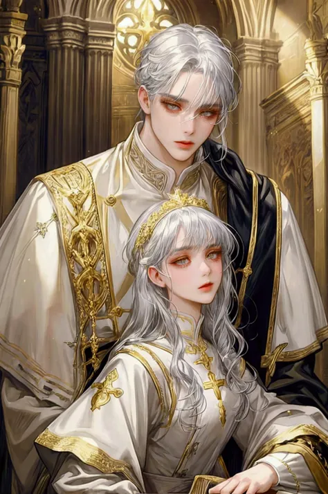 (masterpiece),( very detailed ) ,( Very detailed), ( beautiful face ), ( perfect face ), Silver hair, Golden eyes, elegant face, Board shoulder,  wearing pope clothes,  romance fantasy , 20s, male, Alone, Cathedral background
