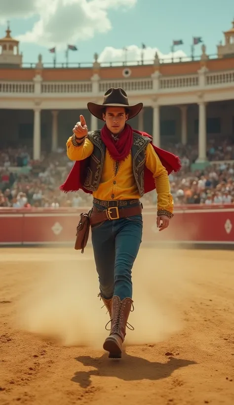 In cinematics style HD image colourful image realistic image.
There is a bull fighting ground. A young man is running in the ground very fast with his hand out in front and showing a finger. He is wearing a cowboy dress.