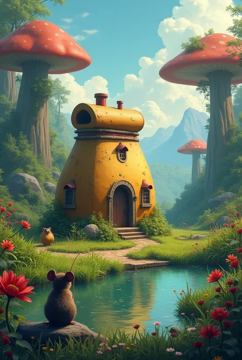 In a strange picture of a forest, there is a house that looks like a bag with windows, doors, stairs, and next to the house, there are grass and big flowers behind it, there are mountains and giant mushrooms next to the house, and a little mouse with his b...