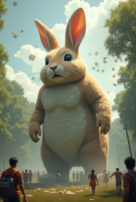 

`A giant, fluffy, light brown and white rabbit stands in a park or zoo.  People are running away in fear.  A large birdcage is falling from the sky, breaking apart.  Other smaller cages are also falling. The scene is surreal and slightly chaotic.  The st...