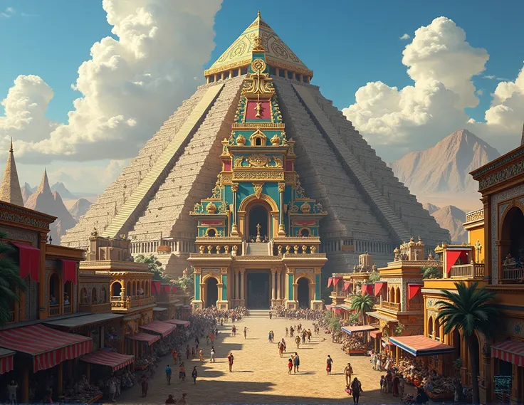 dark medieval fantasy, colourful  Babylonian-Egyptian-Aztec city in desert plateau, colourful Babylonianstep pyramid with aztec features and decoration, step pyramid in middle of rich and populated mixcultured city in desert plateau