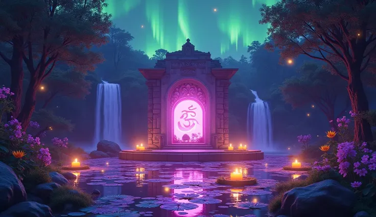 Fantasy temple gathering light energy,  3 yellow roses ,  at night,  7 fluorescent purple water lilies on the water ,  at night,  7 large yellow light candles ,  in a forest ,  in the background a small waterfall of violet water ,  at night, Aurora Boreali...