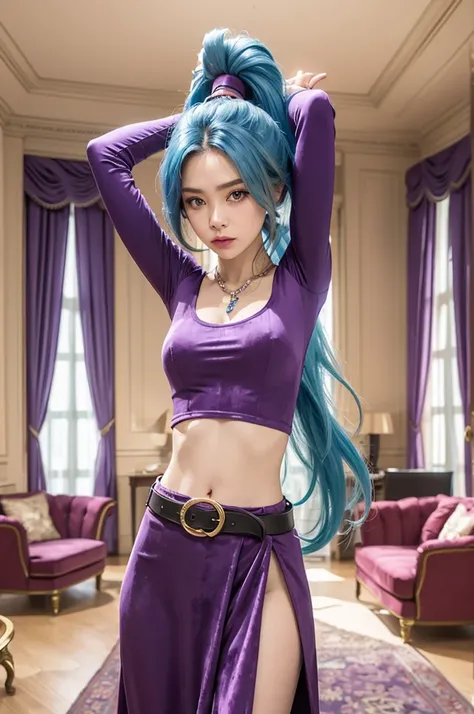 SCHALA, long blue hair, ponytail, purple eyes, long sleeved velvet top, midriff, navel,  purple velvet skirt, belt, jewels, standing, arms up, relaxed, royal living room