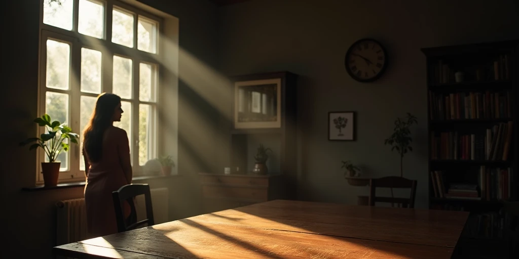 The image depicts a charming scene in a dark dimly lit room. Sunlight filters through a window on the left side, casting a beautiful pattern of light and shadow on a wooden table in the foreground. in background a bengali women werering sharee, stnading by...