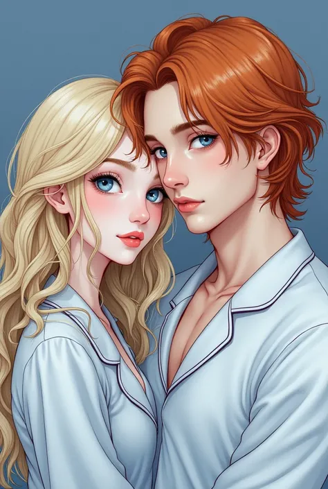 ( masterpiece,  better quality ,  High resolution: 1.4) Drawing, Detailed,  INTRICATE DETAILS , 4k, touch of color, Line art, high detail. Detail. Cuddled couple. (Person 1)  Young adult very light blonde wavy hair,  long hair ,  very thin body , grayish b...