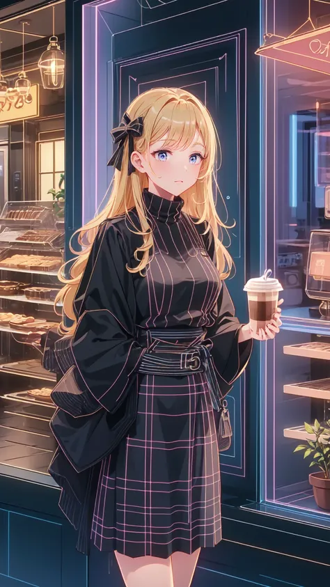 " Detailed illustration of a young girl sting in front of a cozy coffee shop.   she has long blond hair 、   wears a black turtleneck   ,   red skirt  , 、large plaid coat  .   coffee shop behind her  、  warm lighting with visible signs  .  the mood is calm ...