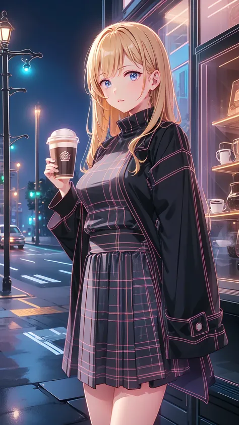 " Detailed illustration of a young girl sting in front of a cozy coffee shop.   she has long blond hair 、   wears a black turtleneck   ,   red skirt  , 、large plaid coat  .   coffee shop behind her  、  warm lighting with visible signs  .  the mood is calm ...