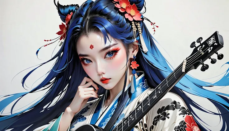 (masterpiece, ultra detailed,best quality,(((Ink Painting))), Fashion portrait color photos, (((1 girl))), (((Tattoo in the center of the forehead))), (((Japanese-style bass guitar))), (((Very flashy hair accessories))), (((Very flashy makeup))), Japanese ...