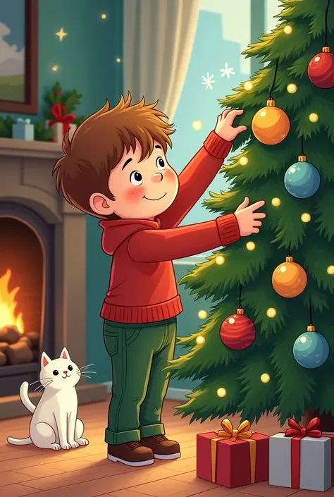 cartoon of a boy putting 3 ornaments on a Christmas tree