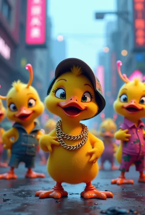 (In cinematic 3D cartoon style)  A Gansta Yellow Baby Duck with his "Aliens from Pluto" posse dancing behind him.