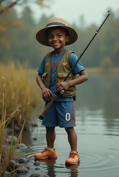 create an image of the soccer player Memphis Depay with a fishermans hat and a fishing rod