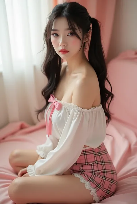 A young woman, dark skin girl, real chinese girl, oiled skin, long straight hair styled in pigtails sits on a soft, pastel-colored surface. She wears a white, ruffled off-shoulder blouse with a pink bow at the neck, paired with plaid panty featuring a lace...