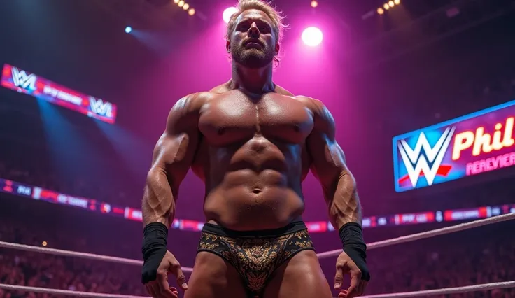 FROM FRONT VIEW,sexy wrestler(( open show sexy revealing thong suit making the crotch look bigger prominent bulge male focus wrestler sexy suit)) ring logo wwe blonde hair, masculine and viril from front view full body view taken from below so the crotch l...