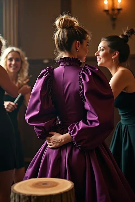 (realistic photograph sideways close up, happy), (an accommodating beautiful Caucasian damsel with (messy hair bun) and wearing (shiny purple glamorous silk dress with (long gigantic puff sleeves), (and with an ultra high tight stand-up collar up to her ch...