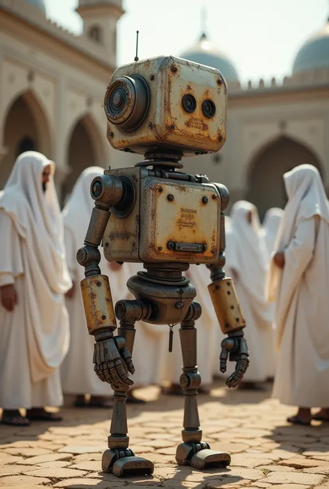 Rustic robot beesila takes part in Dzhikir assembly with many white Bergamist Muslims