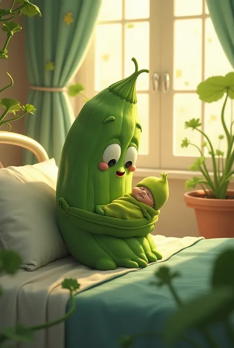 Create a whimsical, anthropomorphic scene featuring a female okra character in a cozy vegetable-themed hospital room. The female okra, with expressive eyes and a gentle smile, is holding a tiny, newborn baby okra wrapped in a green leaf blanket. The room i...