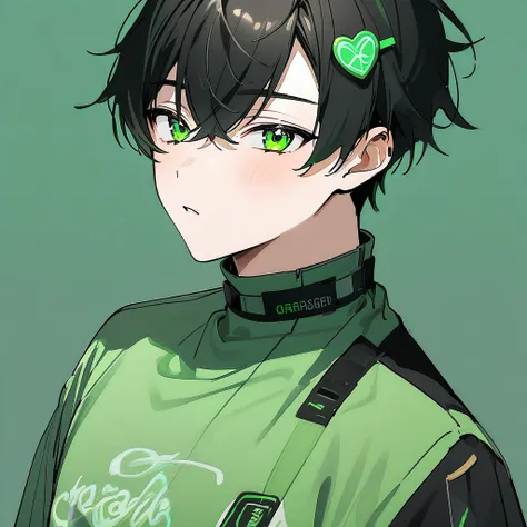 Young Asian teen guy in love with Korean idol black hair green eyes wearing green ambassador shirt