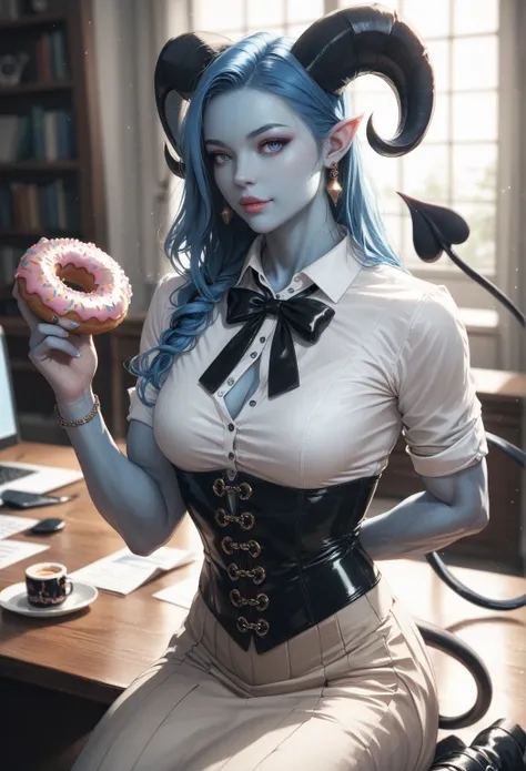 A 35mm photorealistic bokeh shot of Jester, a gorgeous bulky muscular ((blue-skin:1.3)) Tiefling woman with short blue hair, blue cleric robes, white office shirt, sexy, sultry, alluring , small breasts, curled horns, leather boots, black  corset, long bei...