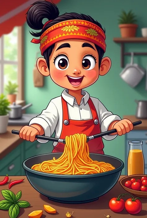  Indonesian chef wears traditional headband, Cook Bangladeshi noodles in cartoon version 