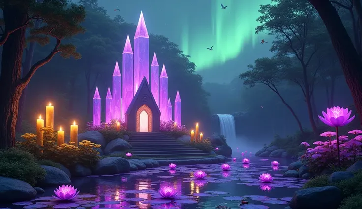 Fantasy crystal temple with peaked towers gathering light energy,  3 yellow roses ,  at night,  7 fluorescent purple water lilies on the water ,  at night,  7 large candles of yellow light ,  in a forest ,  in the background a small waterfall of violet wat...