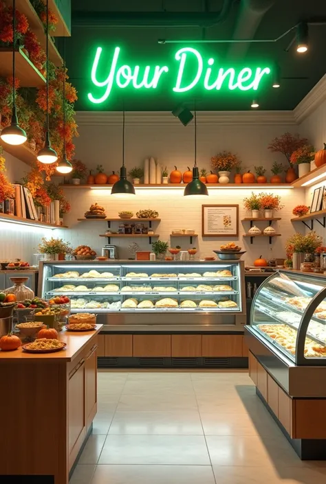 
Create the interior of a modern diner  ,  where there will be green neons and the name of the premises
“Your Diner” .  Its supposed to be a white room with autumn decorations and a green sign, The logo is supposed to be a dumpling
Add more freezer with fr...