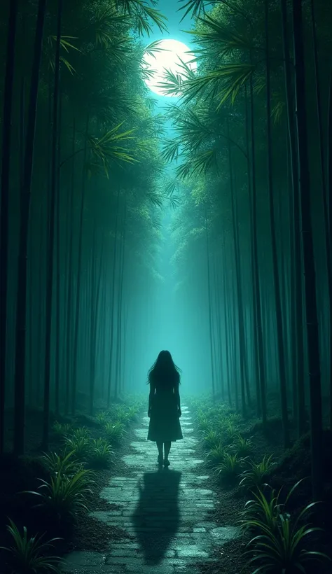 The dense bamboo forest swaying gently under a mysterious night breeze, creating eerie, shadowy patterns on the ground. The atmosphere is unsettling.