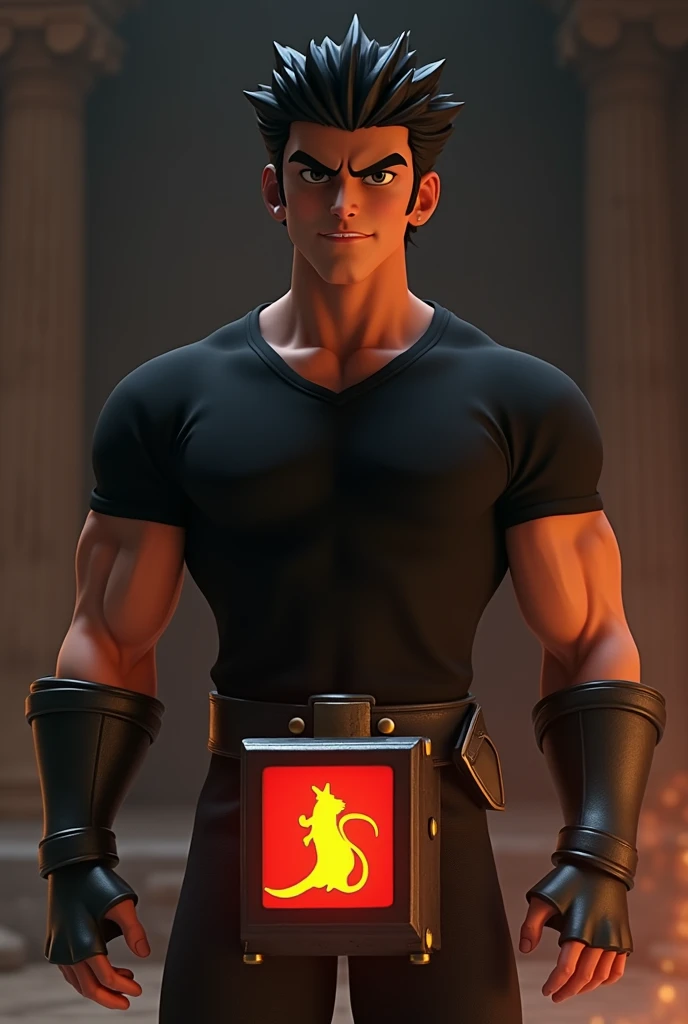 created the 3D animated character Saint Seiya Knight, a knight-looking man wearing a black t-shirt and black trousers. with a grim face, in front of him was a glowing iron box bearing the symbol of a rat. The location in a dimly lit room such as the Palace...