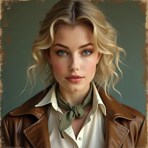 View/Shot: Vintage passport-style portrait, cropped tightly to shoulders and head, centered with a neutral yet subtly confident expression. Subject: A strikingly beautiful 1920s adventurer woman with golden blonde hair styled in soft waves, neatly framing ...