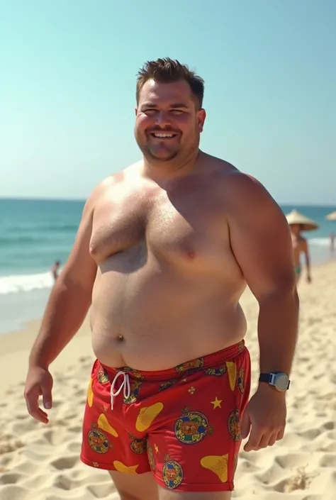 man, early 20s, unsportsmanlike , slightly overweight, German,  smile on the beach in swimming trunks 