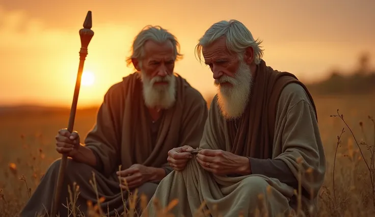 Aged Adam and Eve sitting in a barren field. He, with short white hair and a wrinkled face, holds a staff, while she, also with white hair, sews a piece of fabric. Their expressions show tiredness and reflection. In the background, a sunset in orange tones...