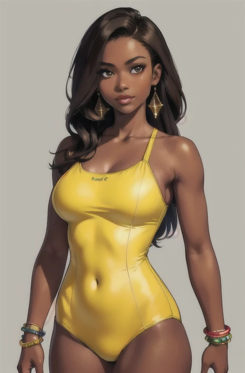 (​masterpiece:1.4)、(top-quality:1.4)、
1girl in, Yellow one-piece swimsuit,A dark-haired, Brown-skinned), A bracelet, jewely, large full breasts, length hair, looking at the viewers, simple background, solo ,realistic,(shinny skin),(​masterpiece:1.4),(top-q...