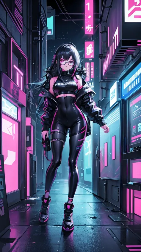 1girll ,Masterpiece, Best quality, Ultra-detailed, illustration, Cyberpunk rebel hackers
style: Futuristic city
quality: Sharp and dynamic, Depict a character: A tech-savvy character
illuminating: Neon city lights reflect her cybernetic enhancements
shadin...