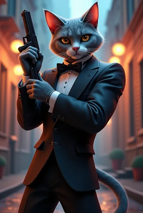 (In cinematic 3D cartoon style) Secret agent cat: 009 Lives, strikes a pose with his 9 mil hand gun