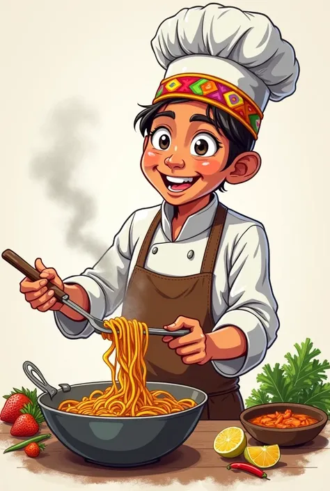  Indonesian chef wears traditional headband, AGAIN COOK BANGLADESH NOODLE VERSION SEMI CARTOON SKETCHBOOK