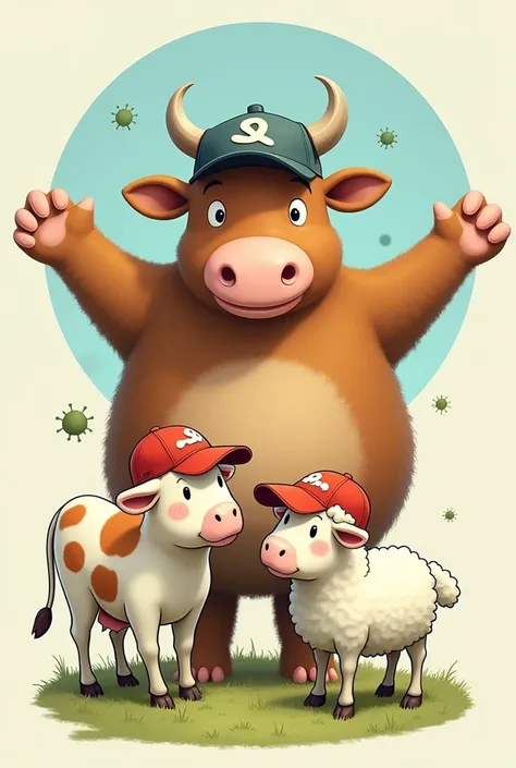 Logo illustration 、 Miyazaki Horse Style 、A cow and a sheep 、Depend on each other、 Station in front of {x} Big boy、Wearing a baseball cap、Baseball cap upside down、 big boy with open arms to block、Prevent black virus from approaching 