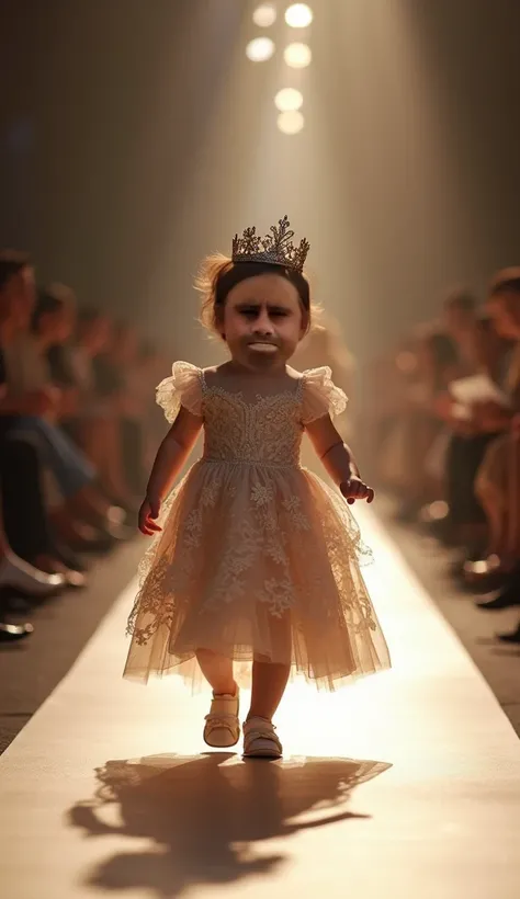 A baby dressed in a regal, Victorian-style gown with intricate lace details, a tiny tiara, and elegant satin shoes. The baby struts gracefully down the sleek runway, framed by soft lighting and an audience enchanted by the royal flair.image ratio 9.16