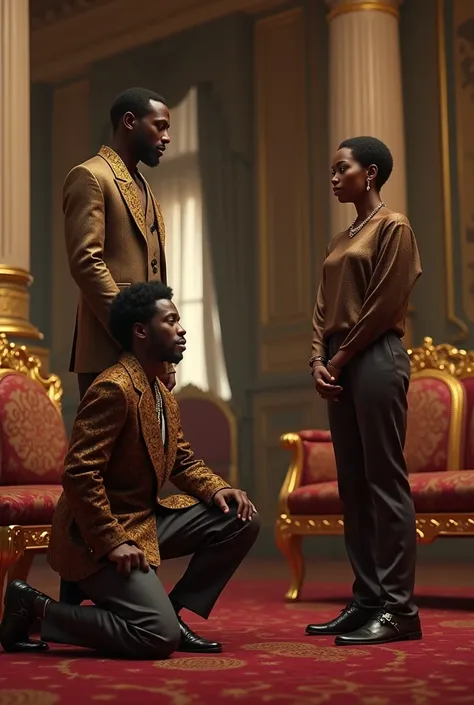 A 30 yr old African man kneeling Infront of the wealthiest couple in the grandmansion 