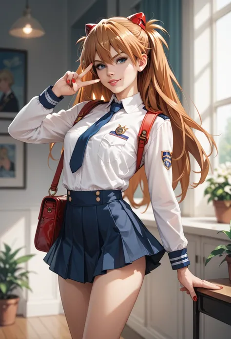 Asuka Langley, mini skirt, uniform, sexy, peace sign 