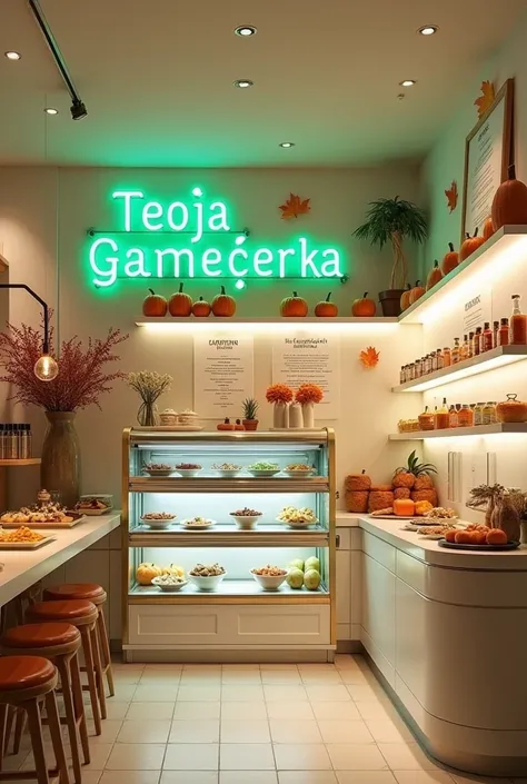 
Make this place brighter Change its name to TEOJA GARMAŻERKA written Create the interior of a modern gourmet ,  where there will be green neons and the name of the premises
“Your Diner” .  Its supposed to be a white room with autumn decorations and a gree...