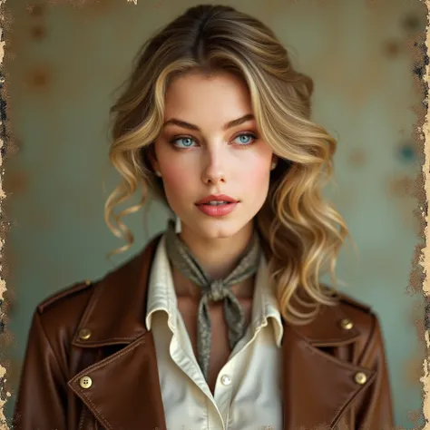 View/Shot: Vintage passport-style portrait, cropped tightly to shoulders and head, centered with a neutral yet subtly confident expression. Subject: A strikingly beautiful 1920s adventurer woman with golden blonde hair styled in soft waves, neatly framing ...