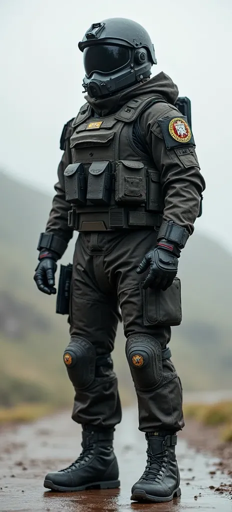 Soldier dressed in military uniform, army of another world, standing at full height,with army emblem, dressed in military chemical protective suit, tactical body armor, tactical helmet,stands at full height and looks from head to toe