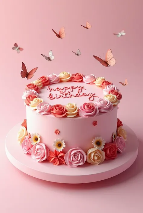  Make a picture of a lit ...
 A beautifully decorated birthday cake . This cake is pink with the inscription "Happy Birthday Umy Afiqa" on the front .  On top of the cake there are a variety of colorful flowers such as roses ,  sunflowers,  and other flowe...